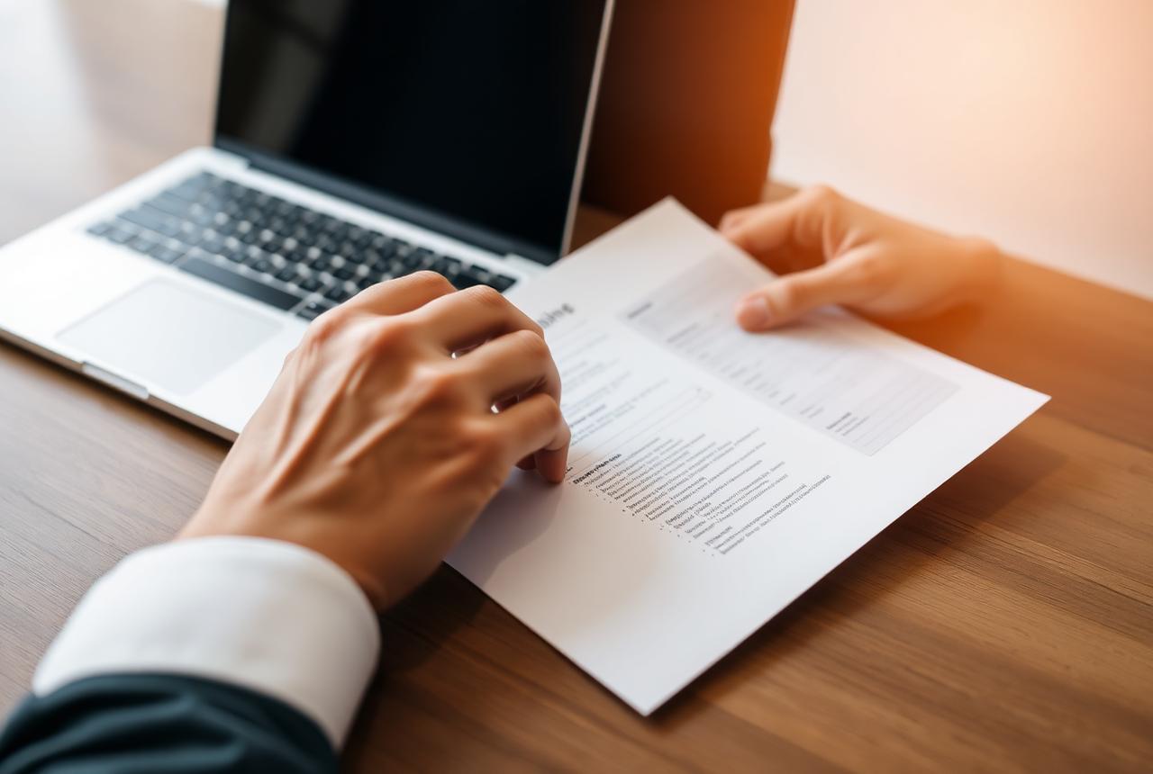 Reviewing a printed resume beside a laptop