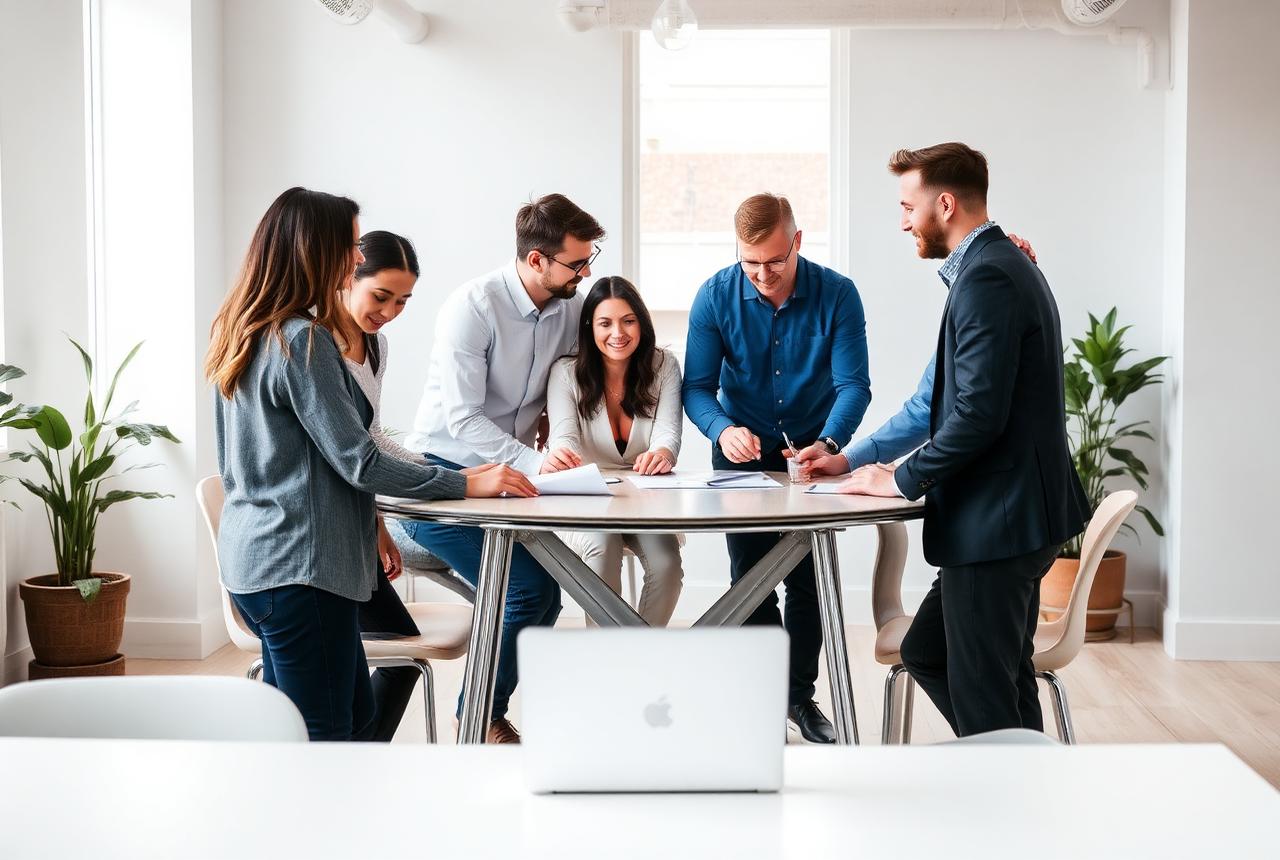 Diverse professional team collaborating in a modern office